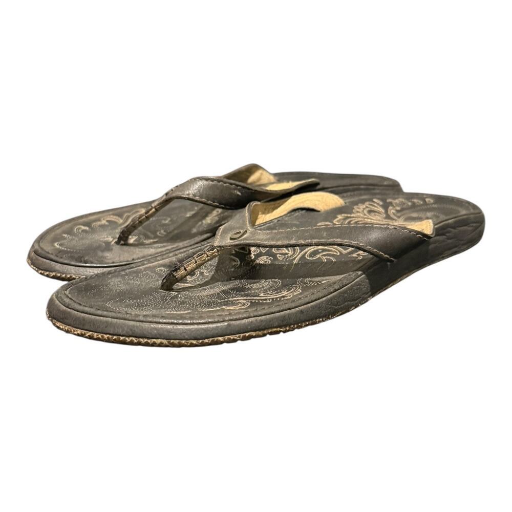 OluKai Panolo W Leather Flip Flop Sandals Women’s Size 9 Black Comfort Thong - Picture 1 of 10